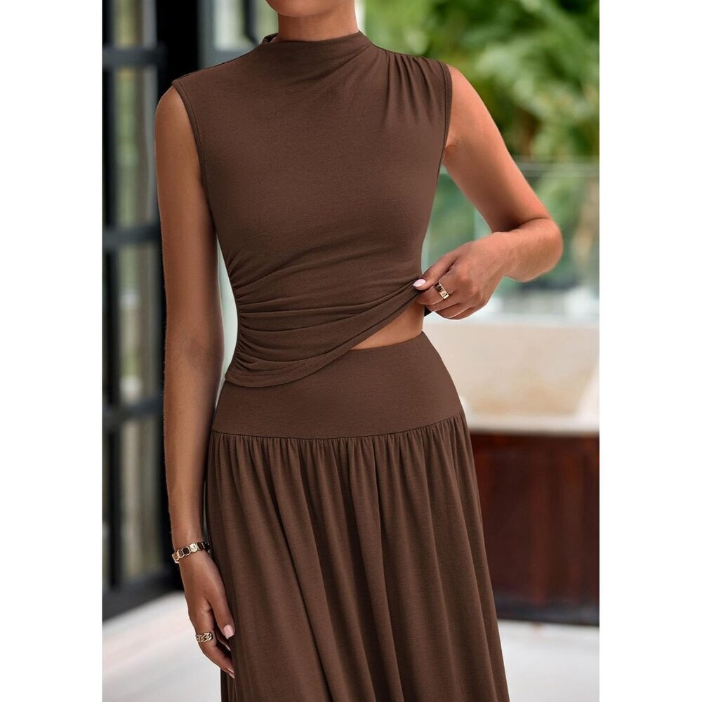 Women Skirt Sets Summer 2 Piece Ruffle Maxi Ruching Sleeveless Dressy Outfits - Picture 5 of 8